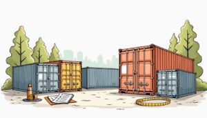 Draw an illustration of a neatly arranged scene featuring various types of containers for rent