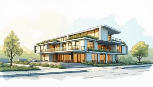 Draw an illustration of a modern modular building in a dynamic urban setting