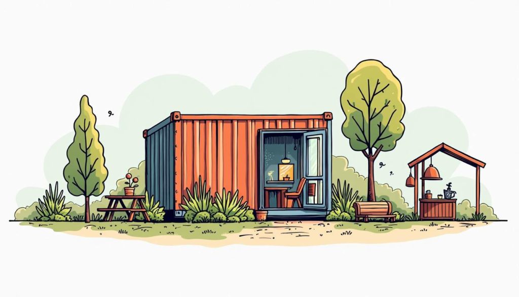A compact shipping container surrounded by various imaginative uses and possibilities