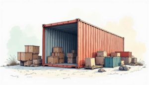 A side-opening shipping container in an industrial setting