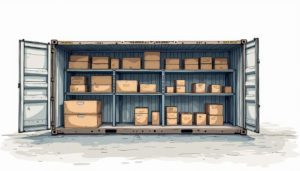 An open high cube shipping container filled with neatly organized shelves and storage solutions