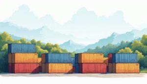 An array of colorful shipping containers stacked in a scenic outdoor setting